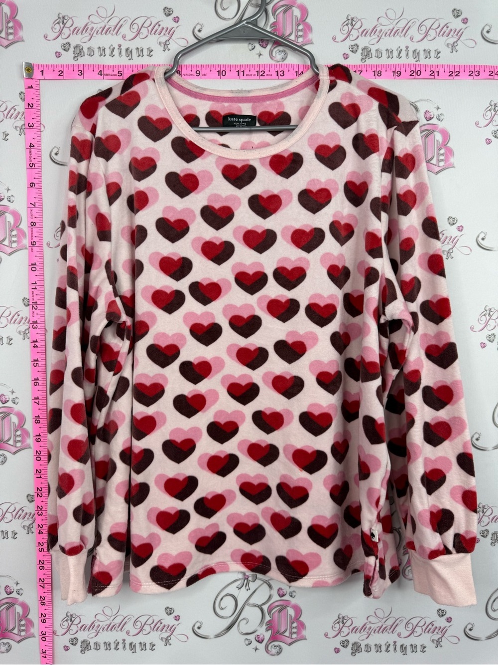 Kate Spade shirt fleece soft Pink Heart Print Long Sleeve Top